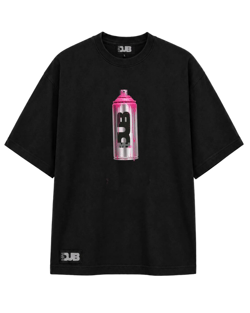 MHDUB Black t-shirt with a pink spray can graphic and 'DUB' branding on a white background