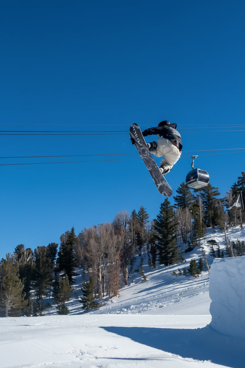 Snowboarder mid-air off a park jump, gondola and tree line behind