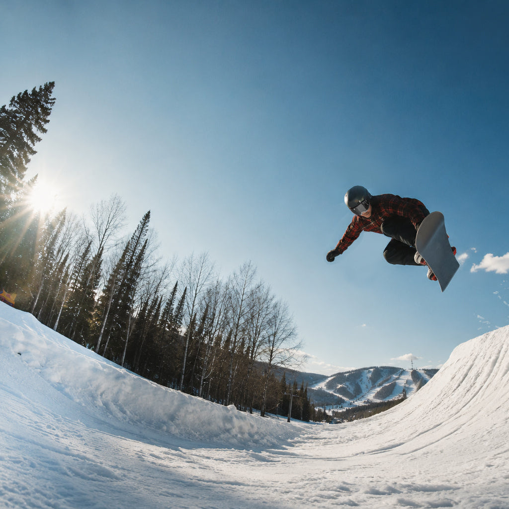 Person snowboarding in mid-air over a snowy ramp with trees and mountains in the background.