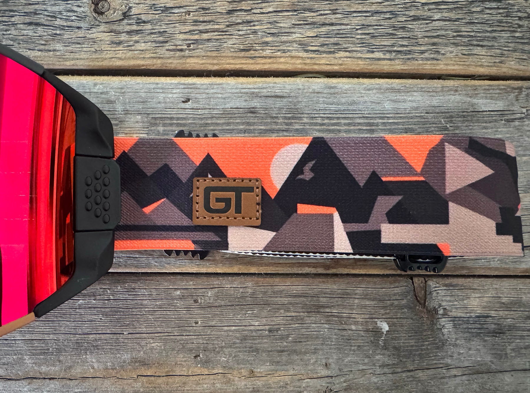 Gabe Taylor GT signature patch on the MHDUB Backcountry Pro strap, mountain print, orange lens 