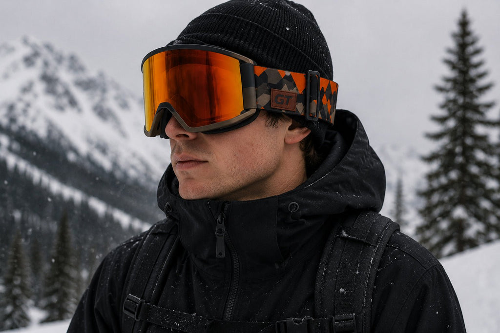 Snowboarder wearing MHDUB Backcountry Pro Gabe Taylor Limited Edition goggles, red mirror lens, camo strap with GT patch