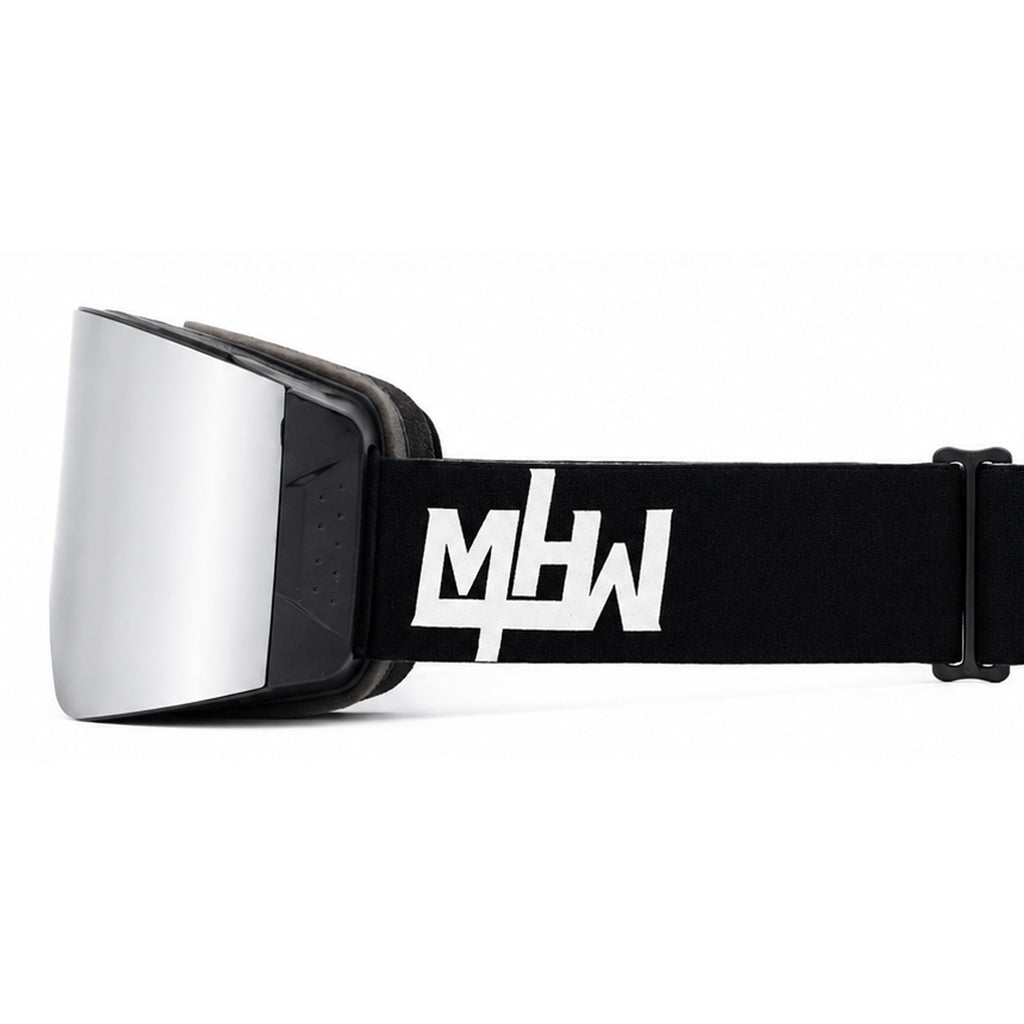 Side view of Blacked Out snow goggles by MHDUB with locking lens system