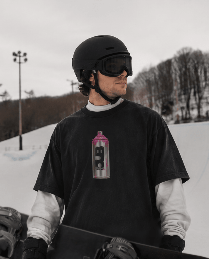 Snowboarder wearing a Dub Spray snowboard t-shirt