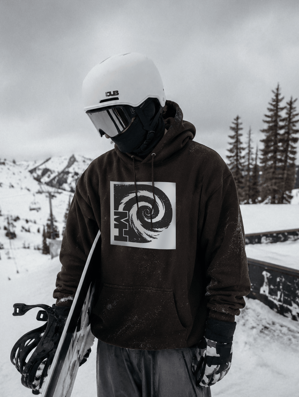 Snowboarder wearing Ghost Face snowboard helmet by MHDUB on snow