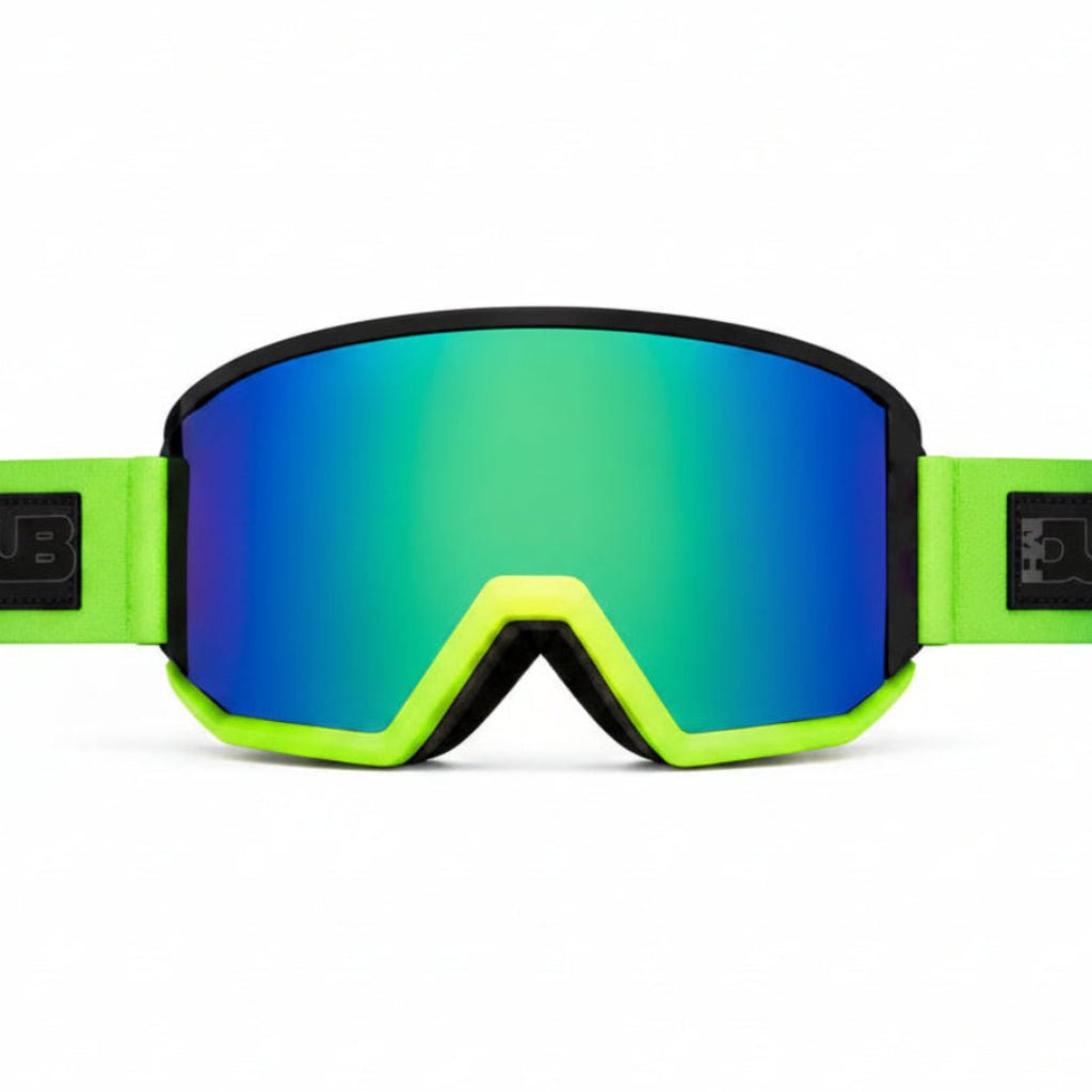 Gremlin snow goggles by MHDUB with green-blue mirror lens, front view