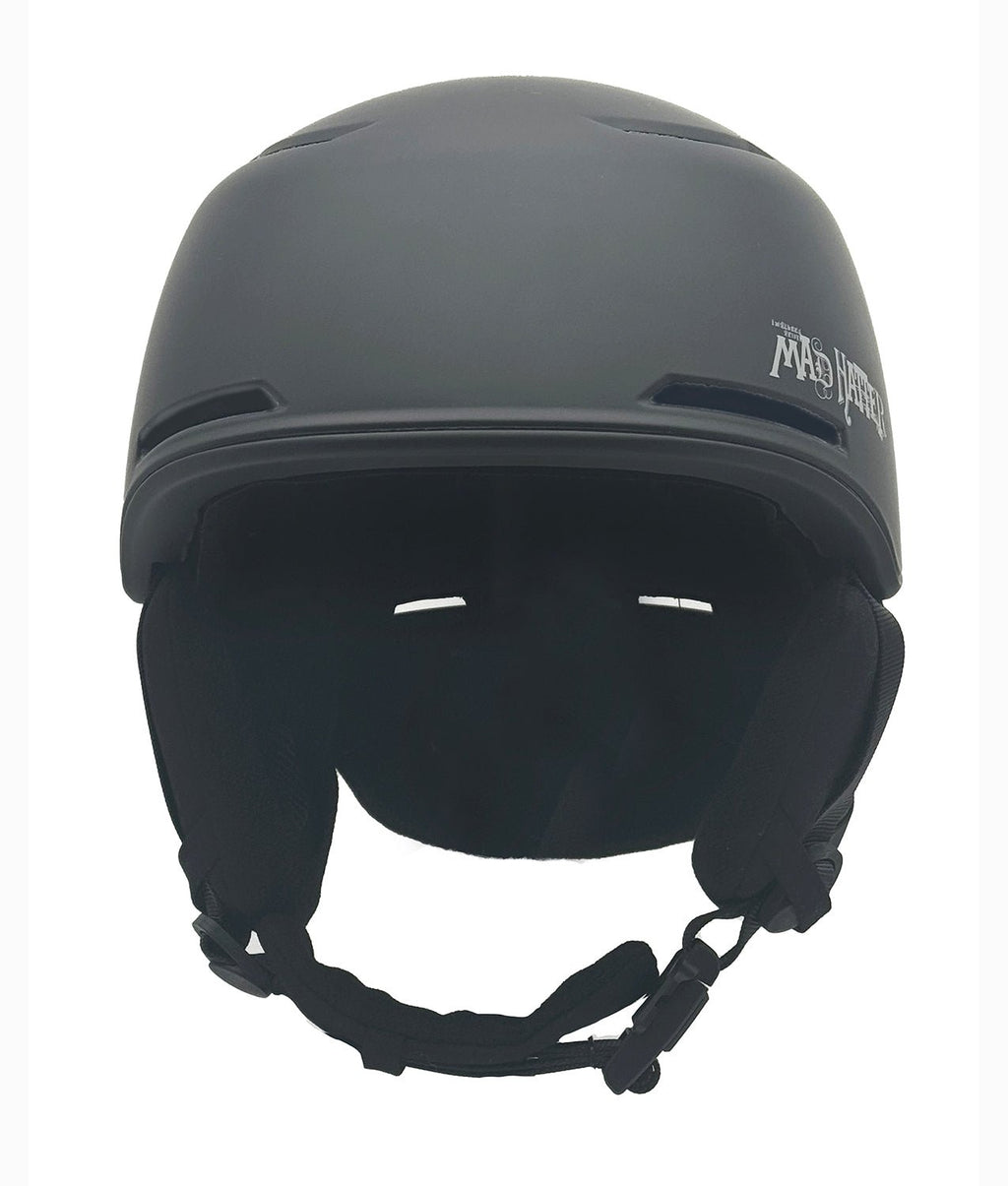 OG SKULLY snowboard helmet by MHDUB, front view showing chin strap