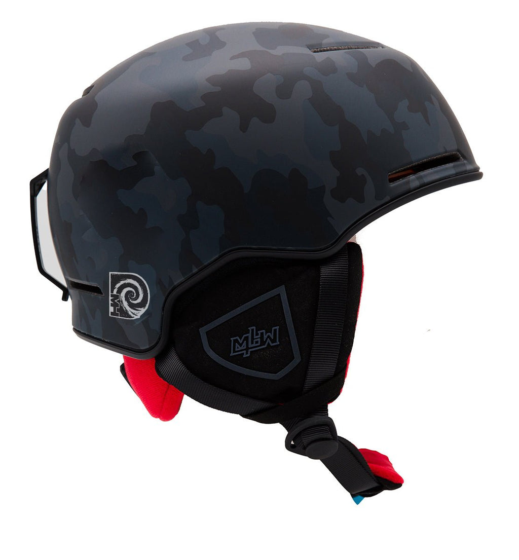 Side view of Shredder snowboard helmet by MHDUB with black and grey camo shell