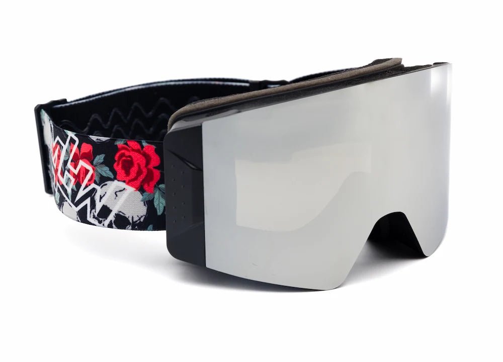 Skull and Roses snow goggles by MHDUB with silicone-backed strap