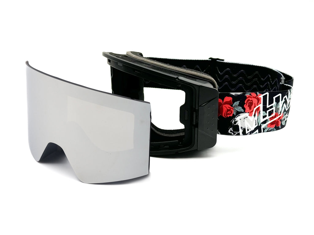 Skull and Roses snow goggles by MHDUB with mirror magnetic locking lens