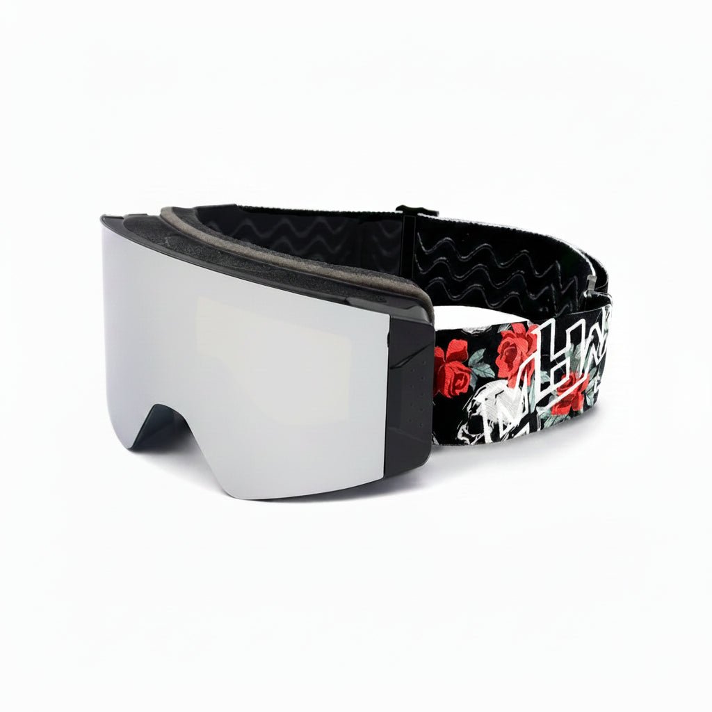 Side view of Skull and Roses snow goggles by MHDUB with locking lens system