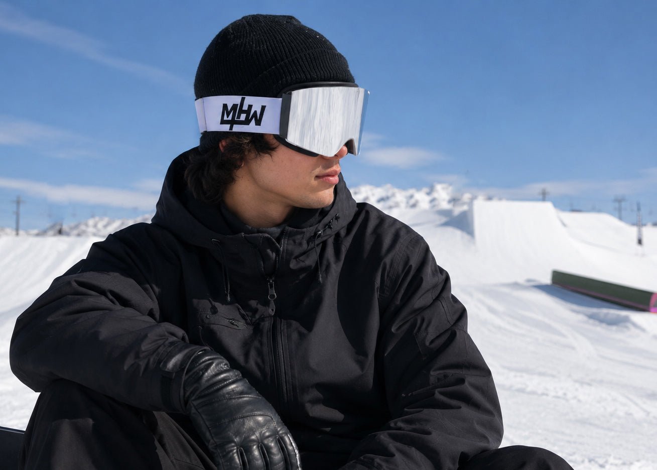 Close up of snowboarder wearing Snow Blind  snow goggles by MHDUB on snow