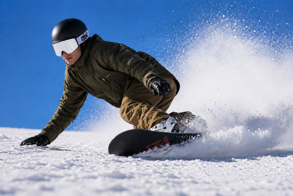 Snowboarder wearing Snow Blind snow goggles by MHDUB on snow